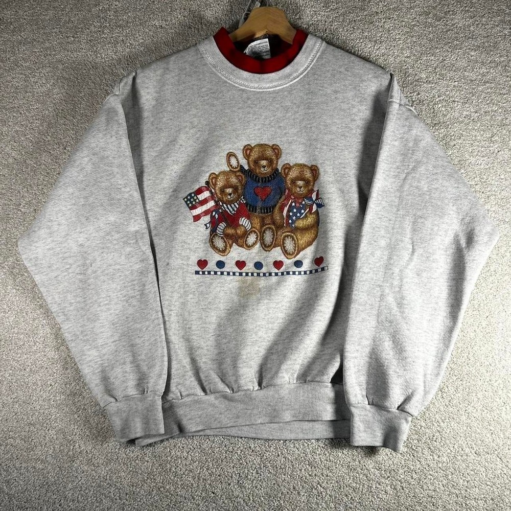 Vintage women's cute cottage patriotic teddy bear crewneck sweatshirt Size L